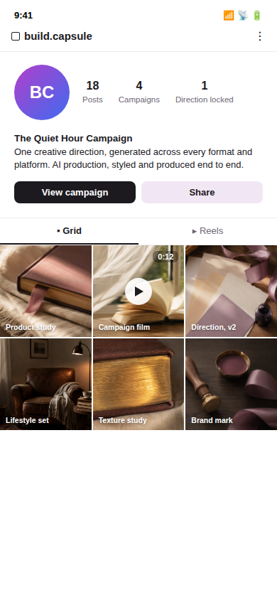 Social profile grid showing six pieces of content from one locked campaign direction