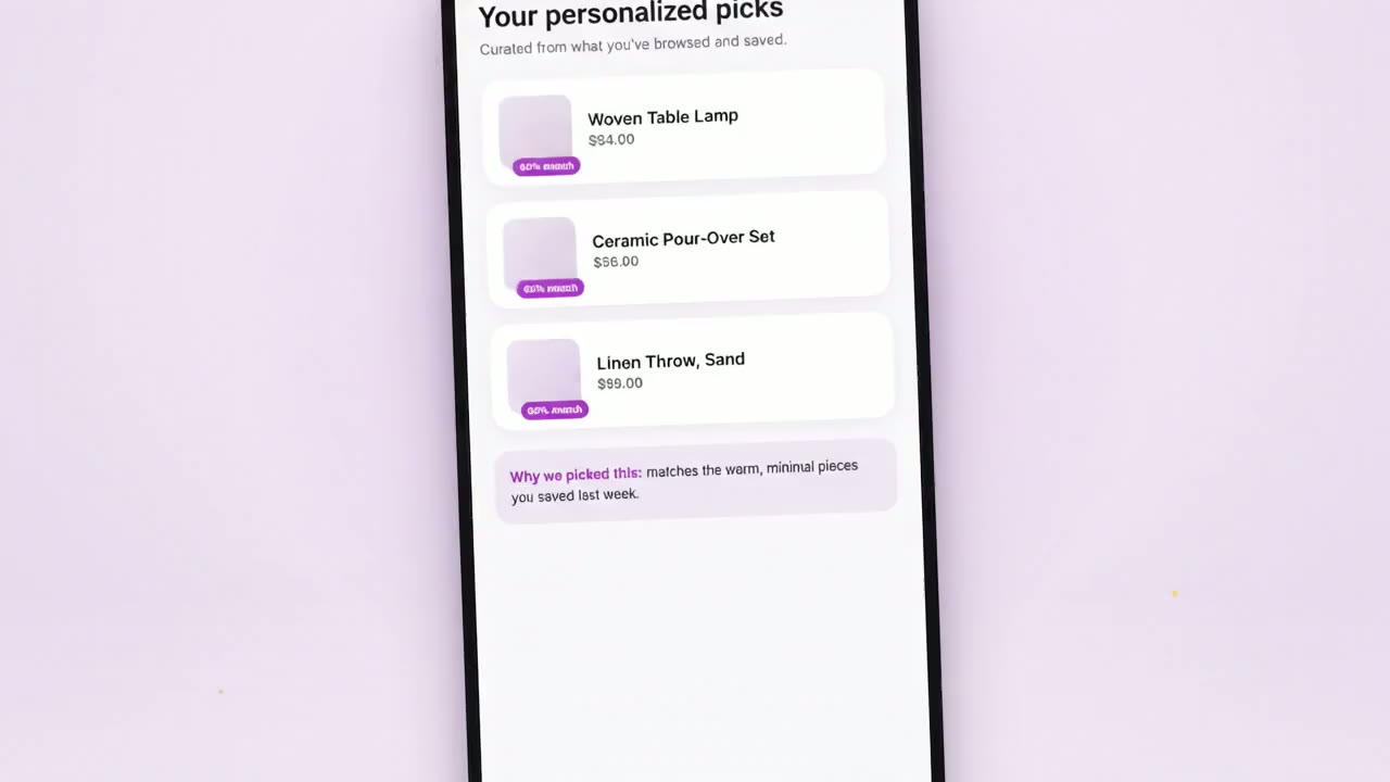 Pointer moving through an AI commerce product interface, filtering and selecting items