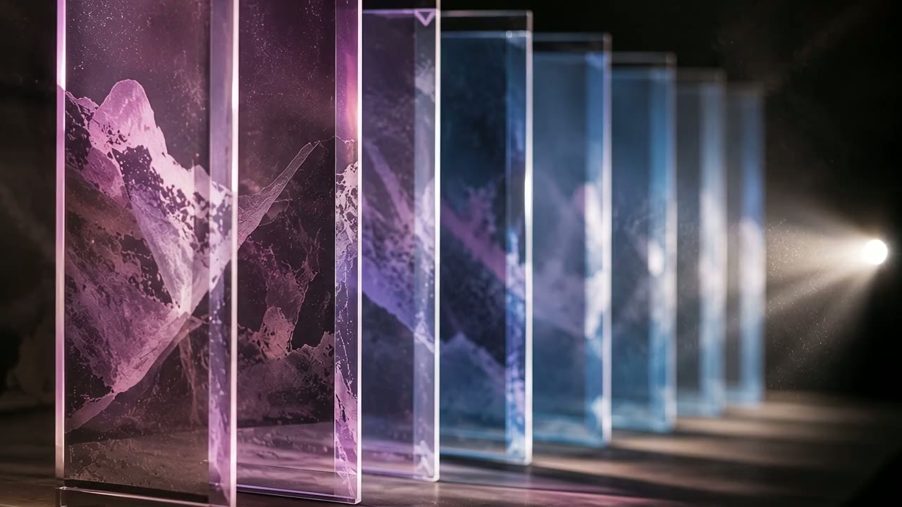 Camera moving past layered translucent panels revealing depth and light