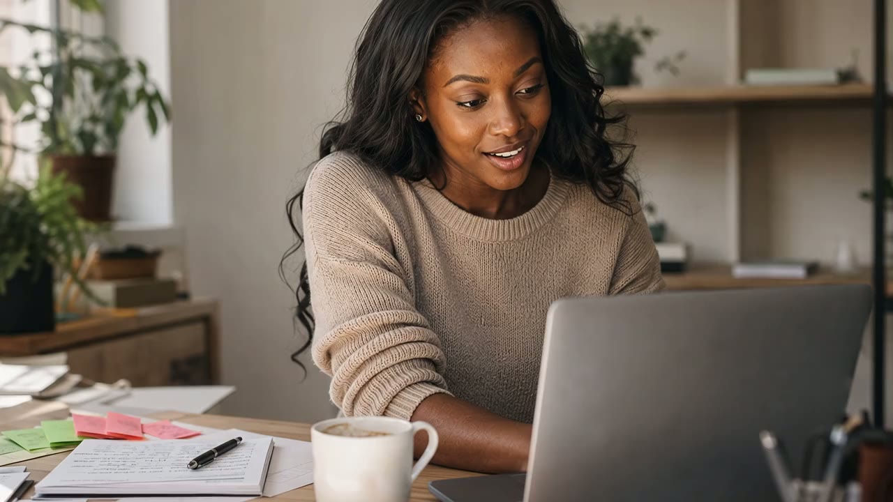 A person at their laptop reacting with quiet relief as a suggested next action appears already drafted